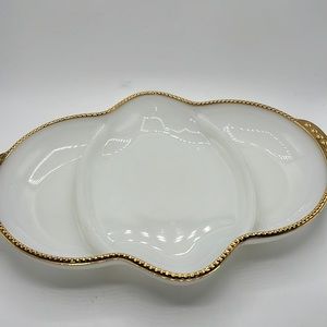 Fire King Milk Glass Gold Trim Divided Candy Dish